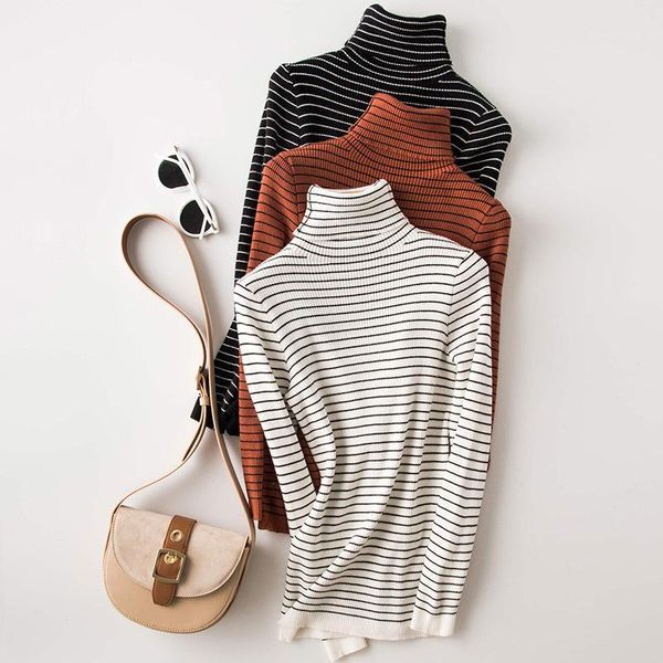 women's sweaters sherhure 2021 white knitted striped long sleeve turtleneck women slim sweater and pullovers pull femme tricot1, White;black